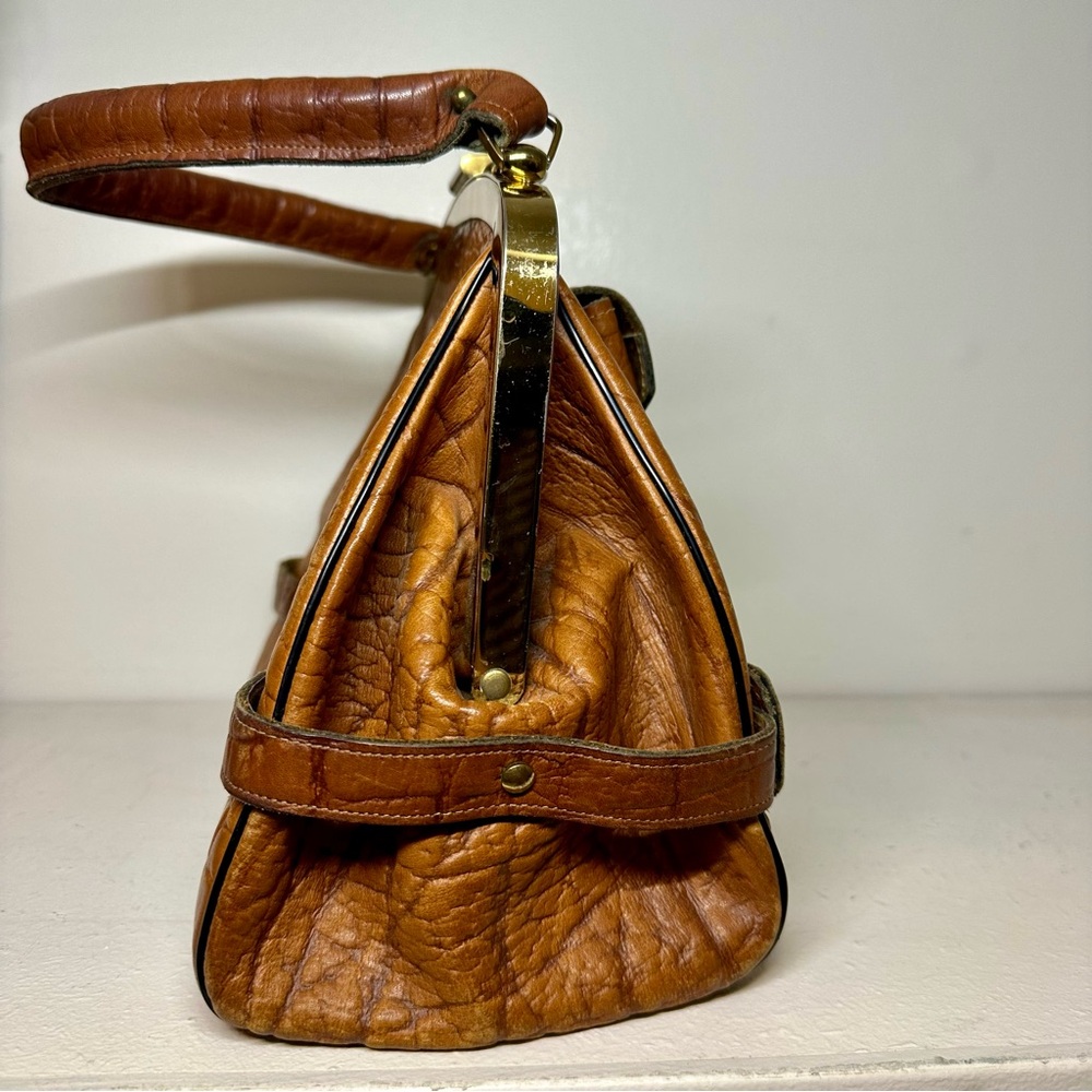 Vintage Continental Structured Leather Handbag Shoulder Purse Doctor’s Brass - Picture 4 of 12